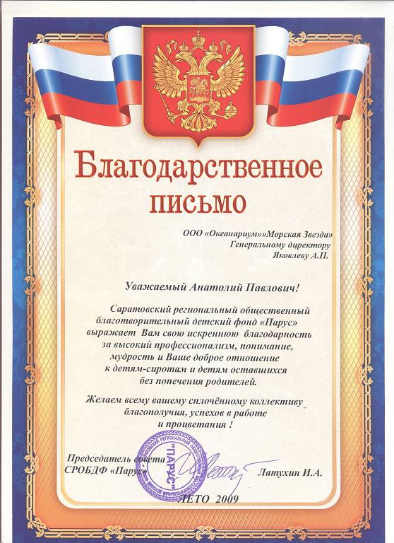 благодарность от Паруса 2009