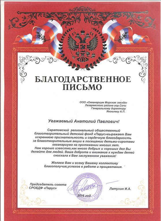благодарность от Паруса 2016